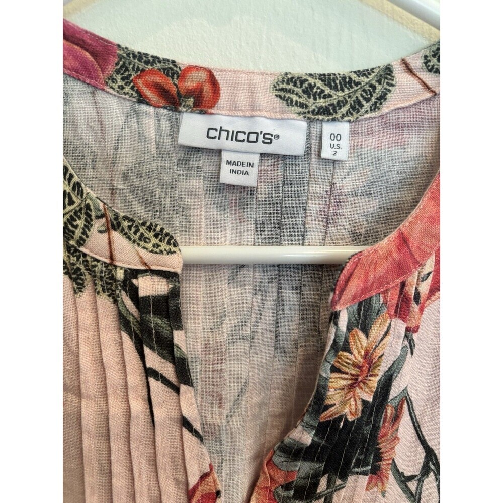 Chicos Pintuck 100% Linen Shift Dress Sz XS Pink Floral Feminine Autumn Wedding - Picture 4 of 9